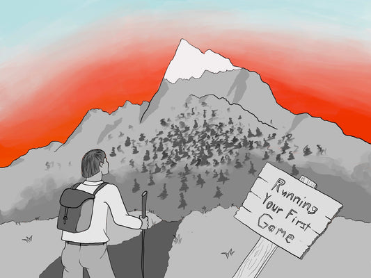 An illustration of an adventurer standing in front of a mountain silhouetted by a beautiful orange sunset. A sign in front reads "Running Your First Game."