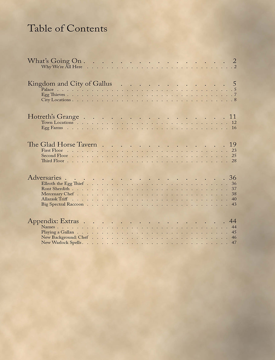 The table of contents of The Kingdom of Gallus, showing how well-organized the module is.
