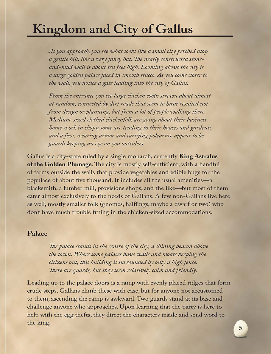 In this page from The Kingdom of Gallus, we're introduced to the kingdom and its king chicken.