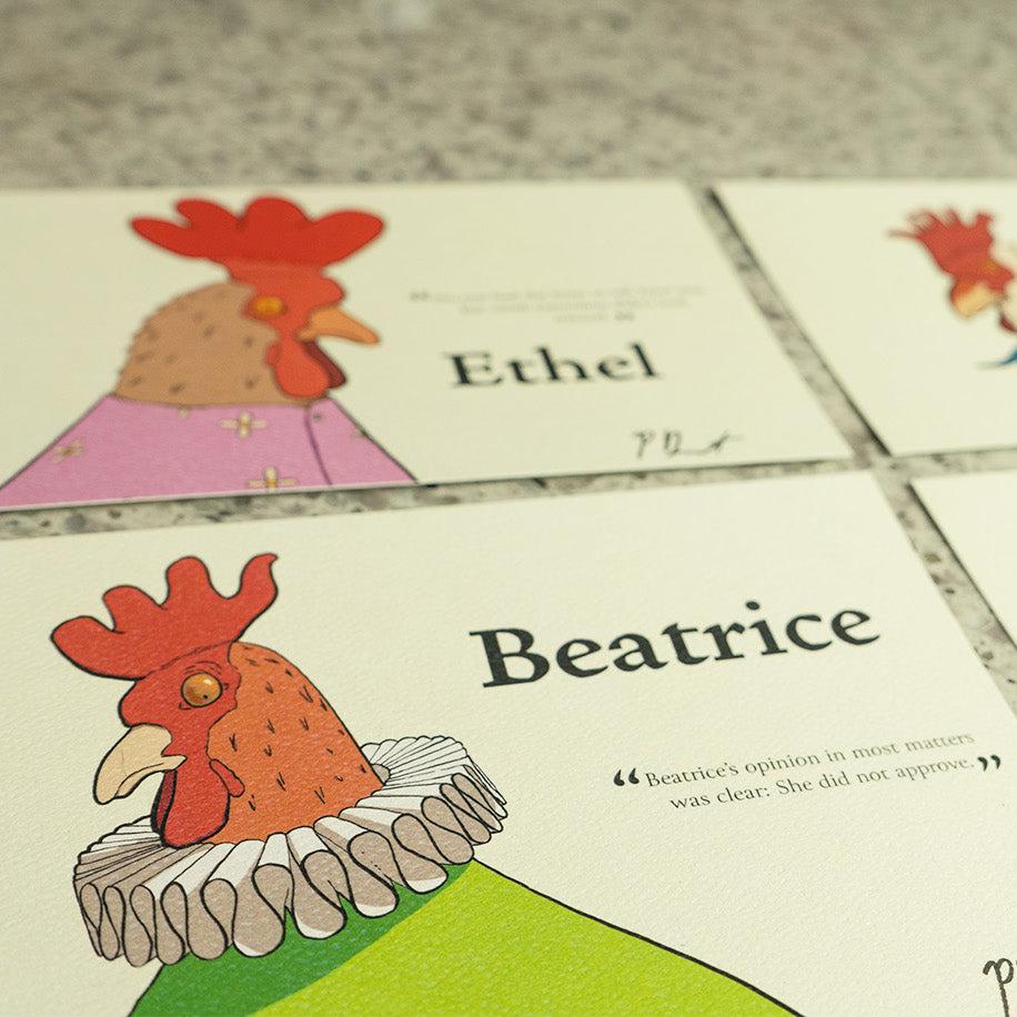 Four art cards, each depicting a silly chicken that takes themself too seriously. 