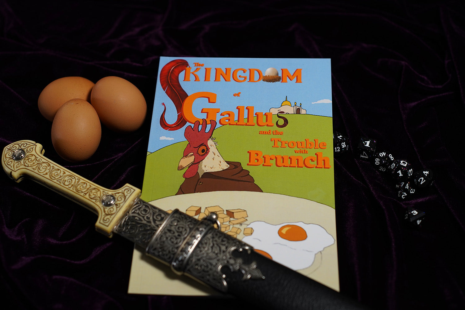 A 5e roleplaying module about a kingdom of talking chickens, with an illustration of a chicken on the front looking suspiciously at a plate of breakfast.