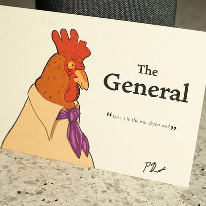 An art card illustration of The General, a serious-looking older chicken who looks like he wants to tell you about The War, which he always does. He's missing part of his comb, which he lost in - you guessed it - The War. Oh boy.